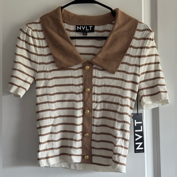 NVLT Beige and White Striped Button Down Shirt - Picture 5 of 12